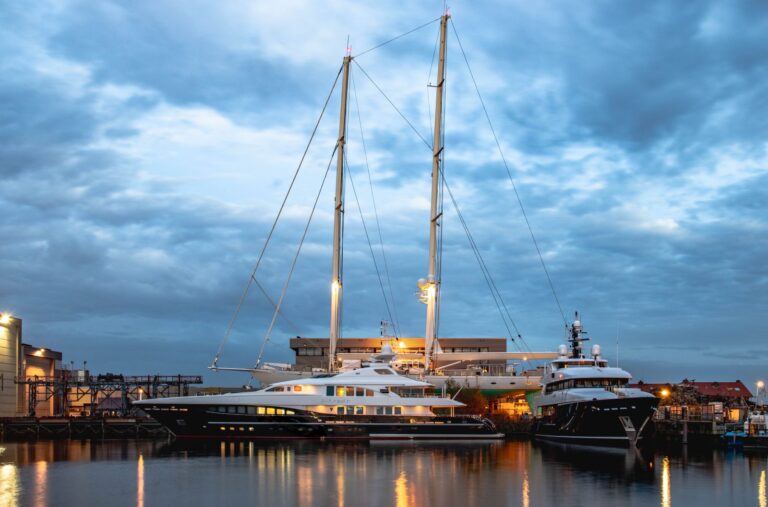 Superyachts in the water at Balk Shipyard.