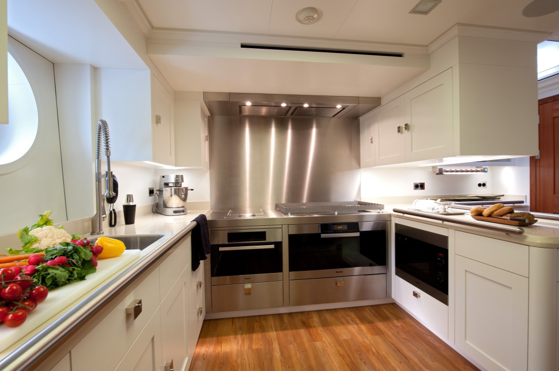 The kitchen of sailing yacht Mikhail S. Vorontsov, new build by Balk Shipyard.