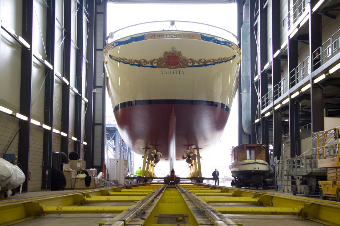 Sailing yacht Mikhail S. Vorontsov in hall at Balk Shipyard.