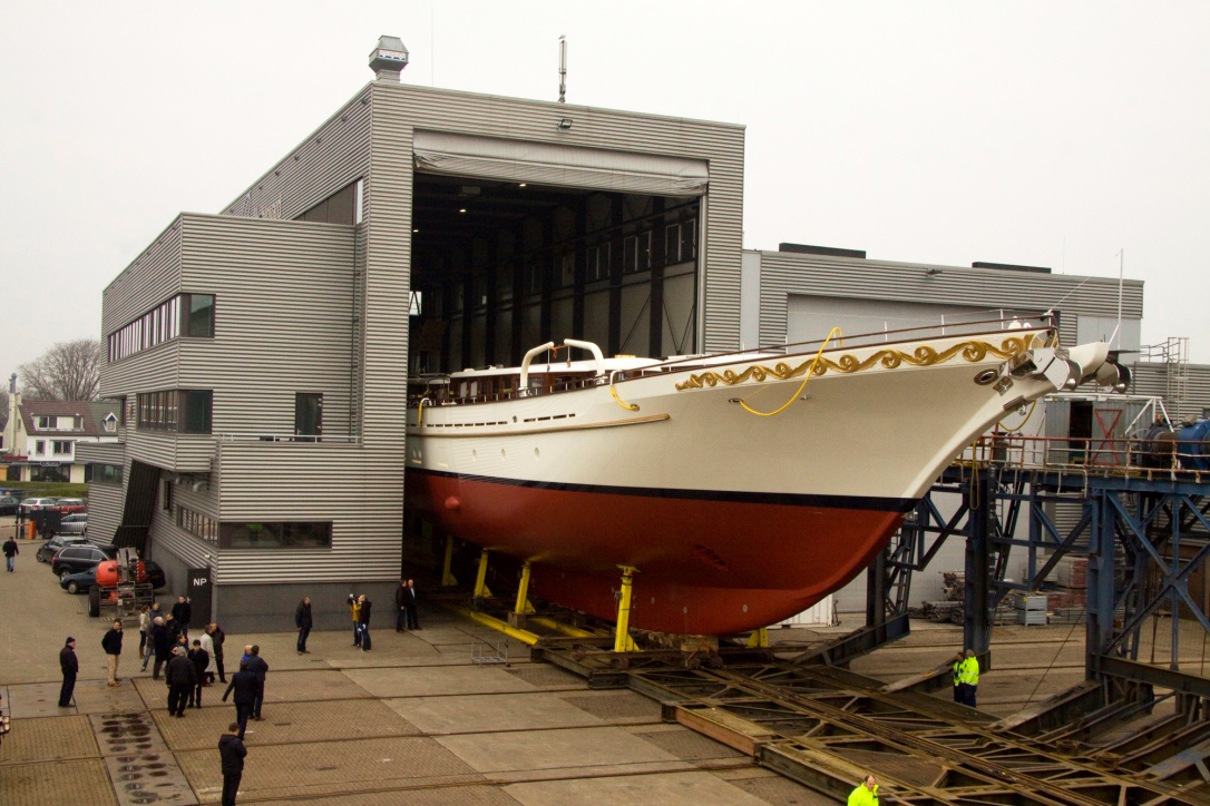 Sailing yacht Mikhail S. Vorontsov in hall at Balk Shipyard.