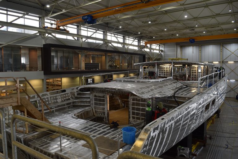 Sailing yacht Yemaya at the hall at Balk Shipyard.