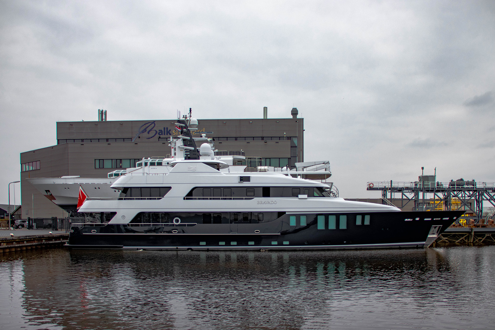 Motor yacht Bravado in the water after rebuild by Balk Shipyard in the Netherlands.