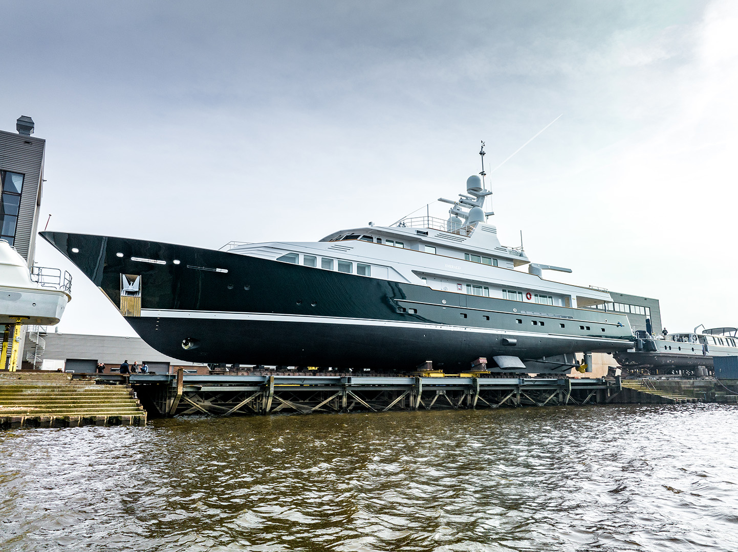 Motor yacht Emerald on lifting system after extensive rebuild by Balk Shipyard.