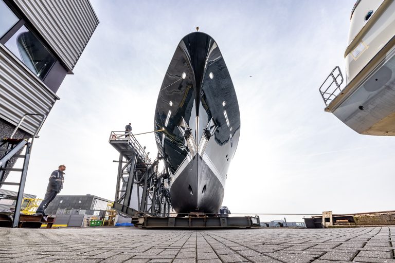 Motor yacht Emerald on lifting system after extensive rebuild by Balk Shipyard.