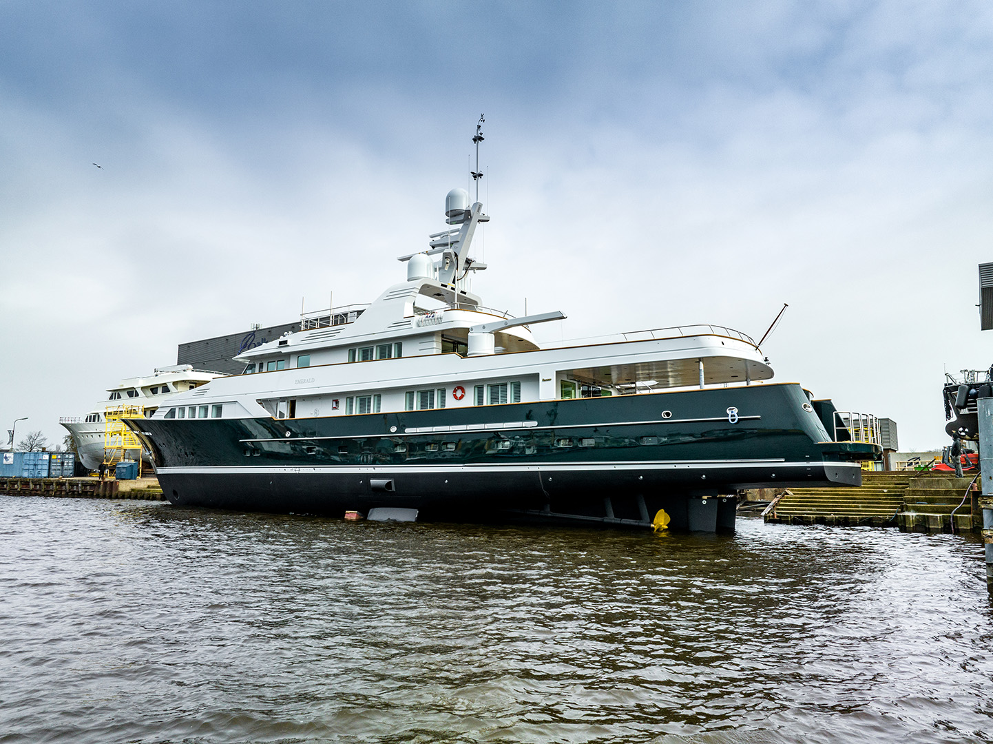 Motor yacht Emerald on lifting system after extensive rebuild by Balk Shipyard.