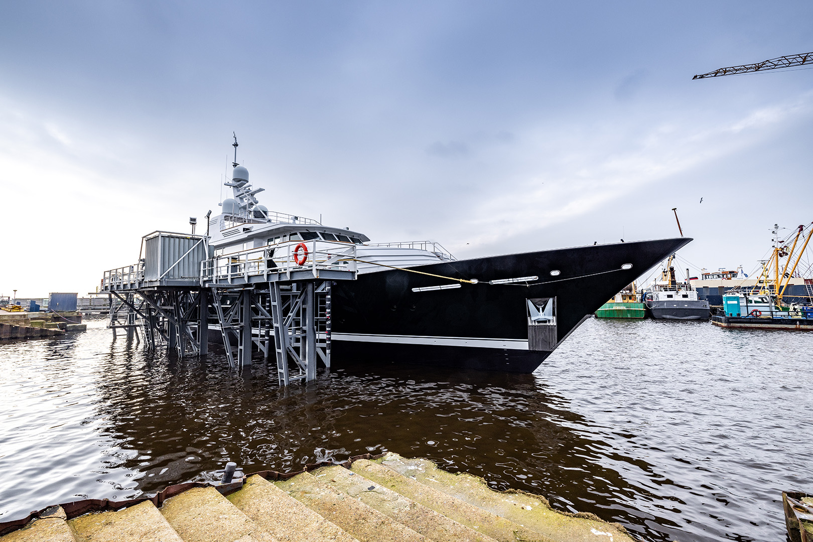 Motor yacht Emerald on lifting system after extensive rebuild by Balk Shipyard.