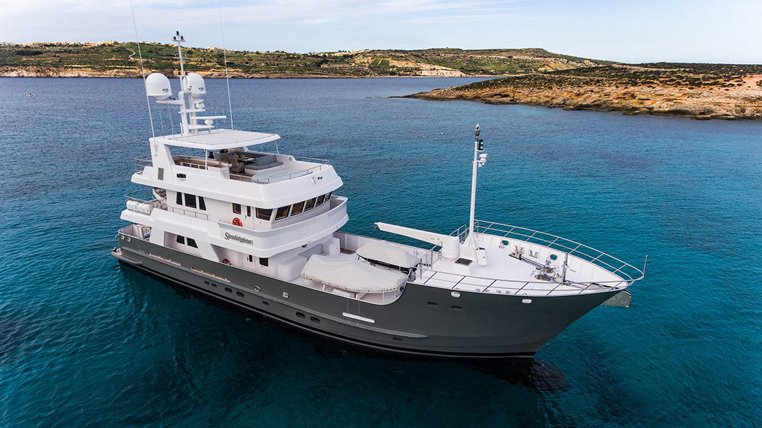 Motor yacht Sandalphon on the water after rebuild at Balk Shipyard.