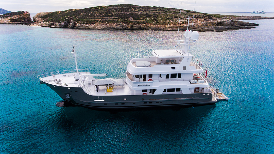 Motor yacht Sandalphon on the water after rebuild at Balk Shipyard.