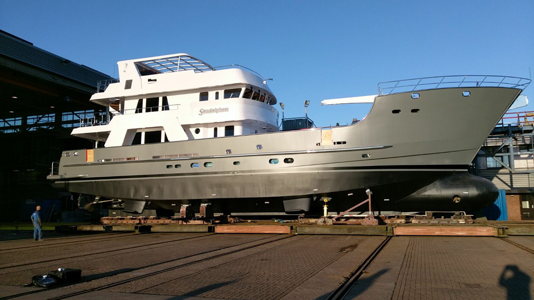 Superyacht Sandalphon goes back into the water after rebuild at Balk Shipyard