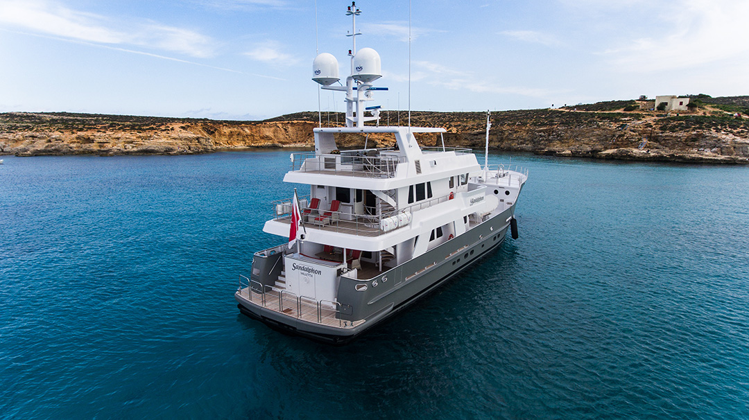 Motor yacht Sandalphon on the water after rebuild at Balk Shipyard.