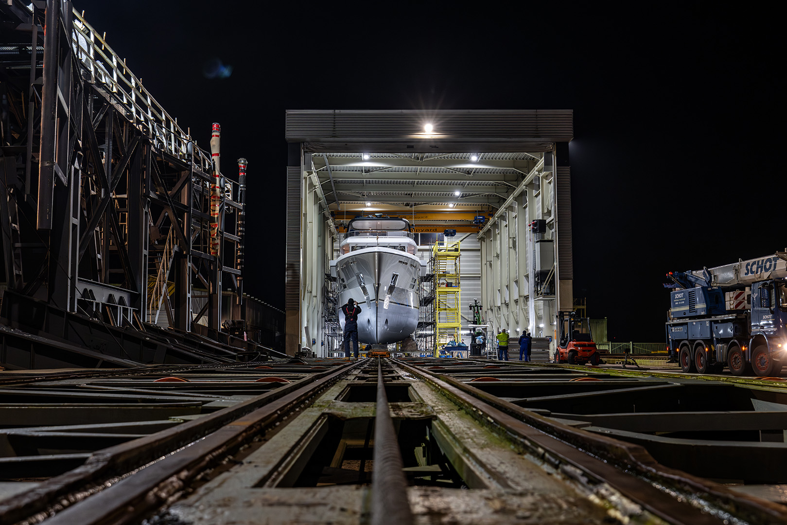 Motor yacht Ursus leaves hall 3 after extensive rebuild by Balk Shipyard.