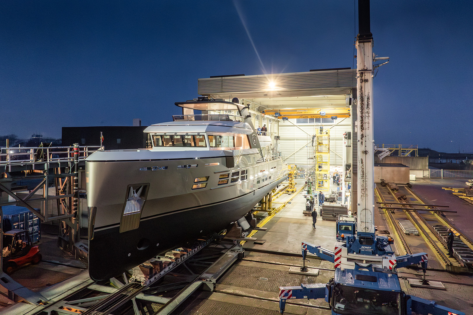 Motor yacht Ursus leaves hall 3 after extensive rebuild by Balk Shipyard.