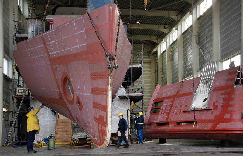 New bow for motor yacht Ursus during extensive rebuild.