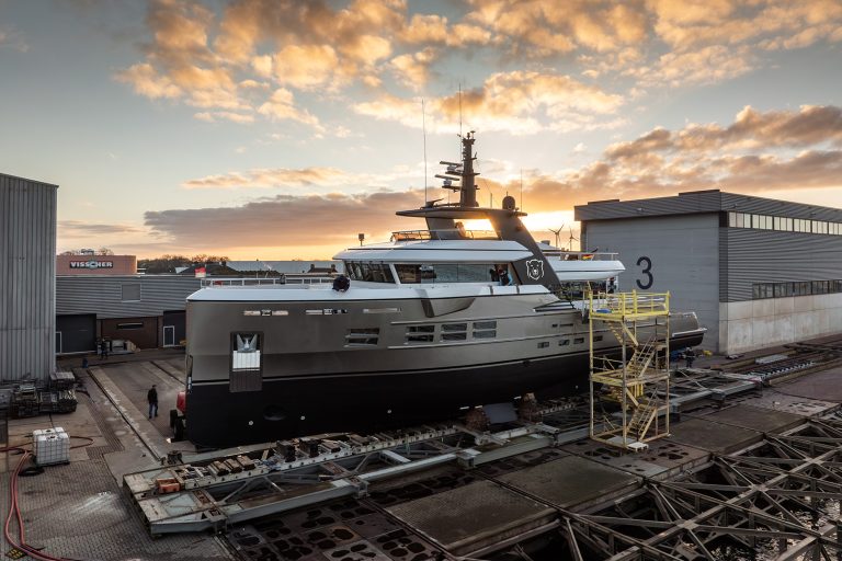 Motor yacht Ursus leaves hall 3 after extensive rebuild by Balk Shipyard.