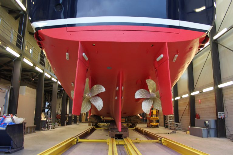 Superyacht Pioneer in hall at Balk Shipyard for refit.