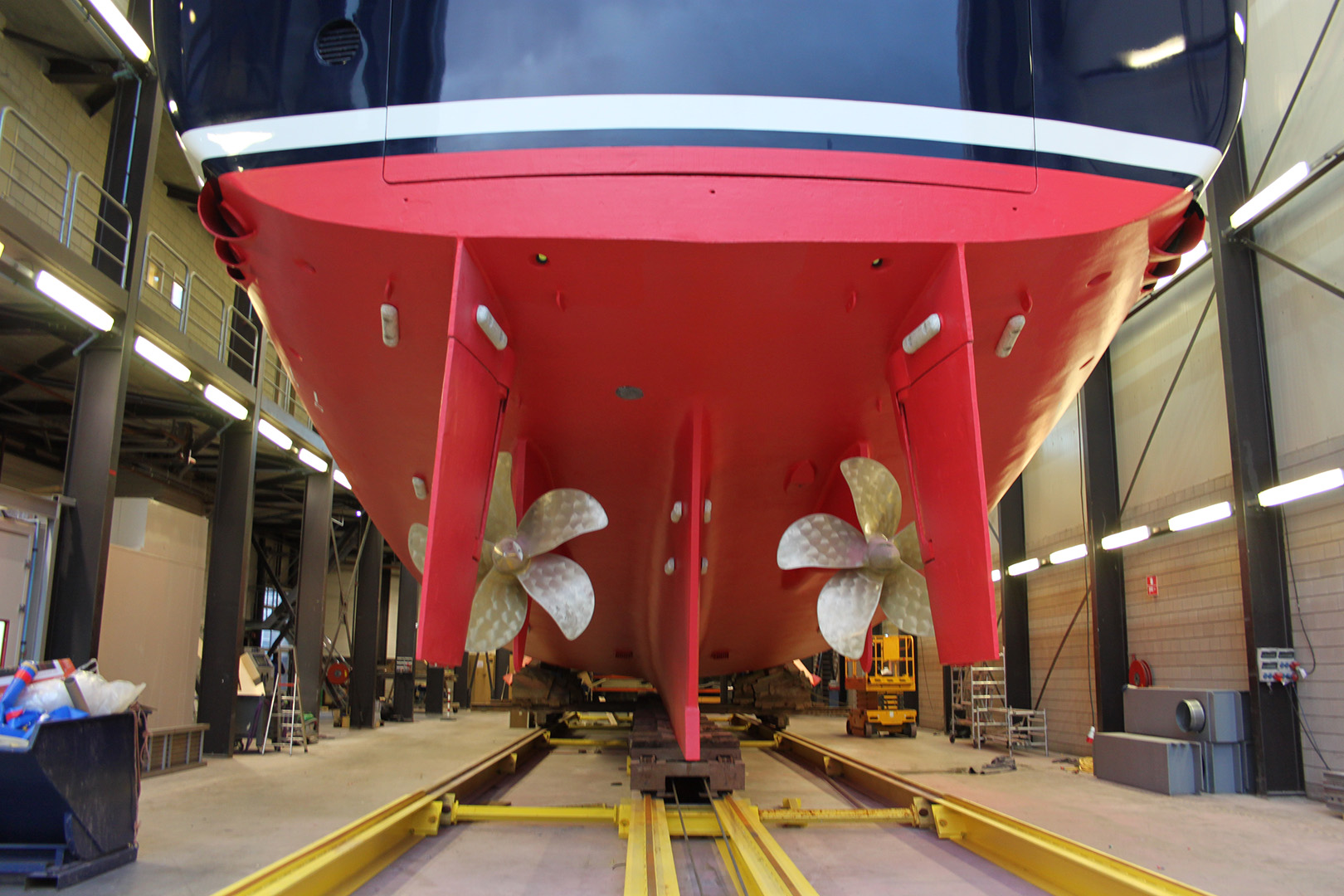 Superyacht Pioneer in hall at Balk Shipyard for refit.