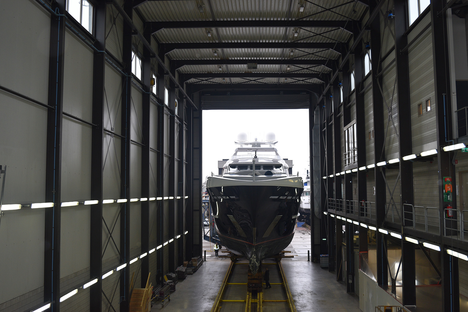 Superyacht Stormborn goes into hall for refit.