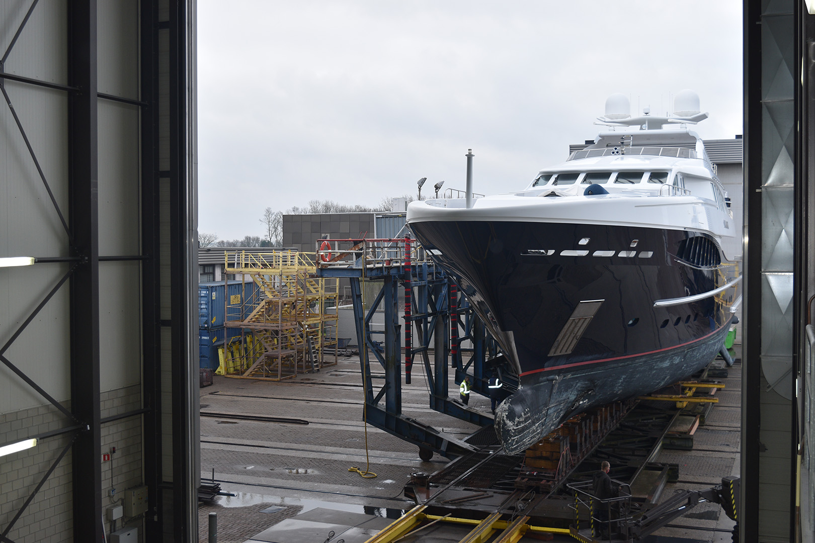 Superyacht Stormborn goes into hall for refit.