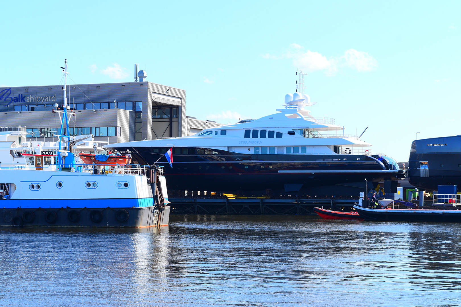 Superyacht Stormborn finished after refit. Ready to go into the water again.
