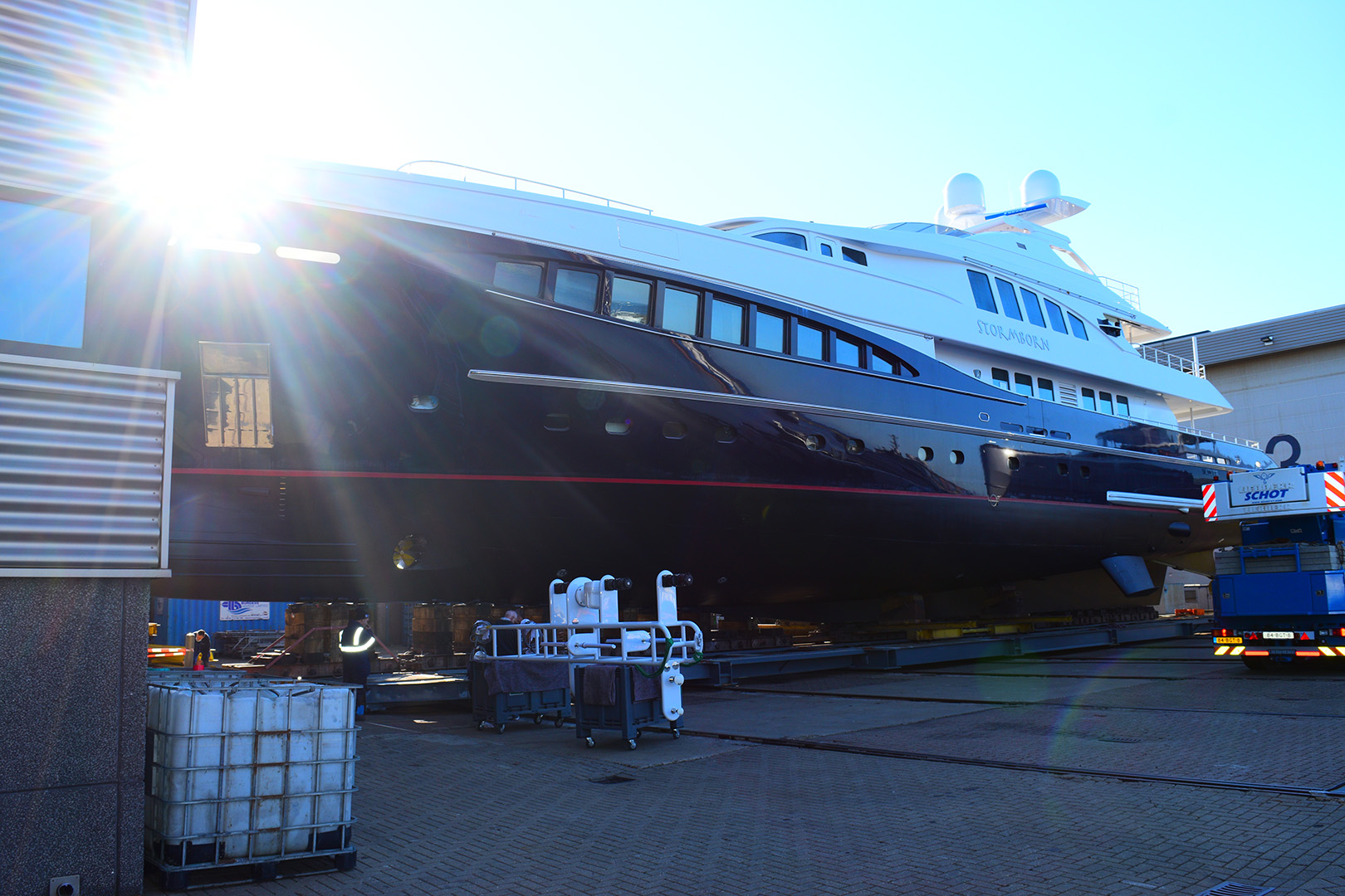 Superyacht Stormborn finished after refit. Ready to go into the water again.
